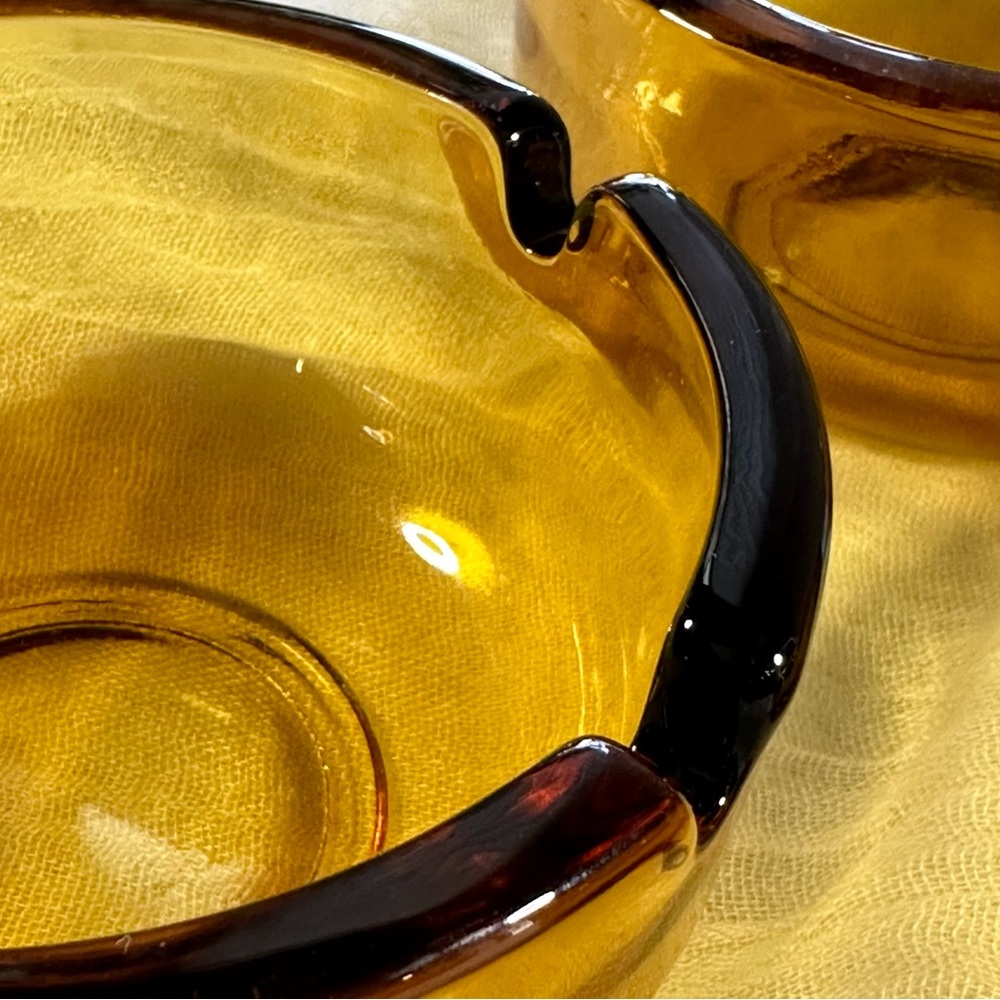 Vintage Amber Yellow Glass Small Round Ashtray 2 Slot 3.75” 3 Available